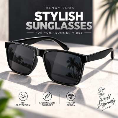 Double Poly Trendy Black Sunglasses for Men & Women – Summer Outdoor UV400 Protection Eyewear with Blue-Green Mercury Anti-Reflected Double Layer Lens & Flexible Durable TR90 Frame